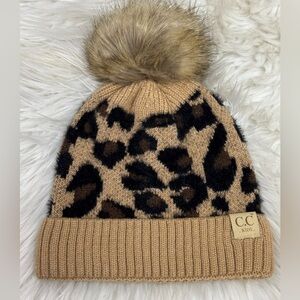 C.C Exclusives Soft Beanie Hat with Leopard Print Pattern and Faux Fur Pom